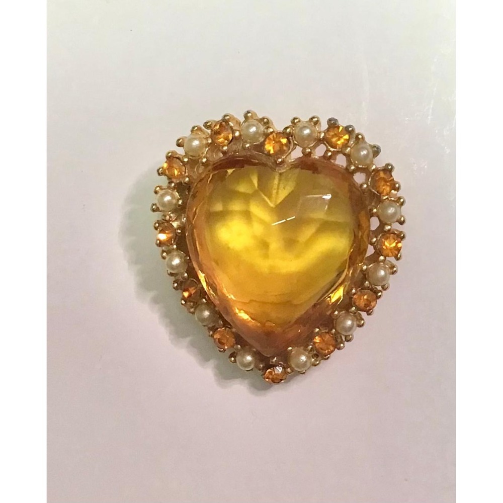 Vintage Gold Tone Amber Glass Heart Brooch Faux‎ Pearl Rhinestone Pin Whimsical